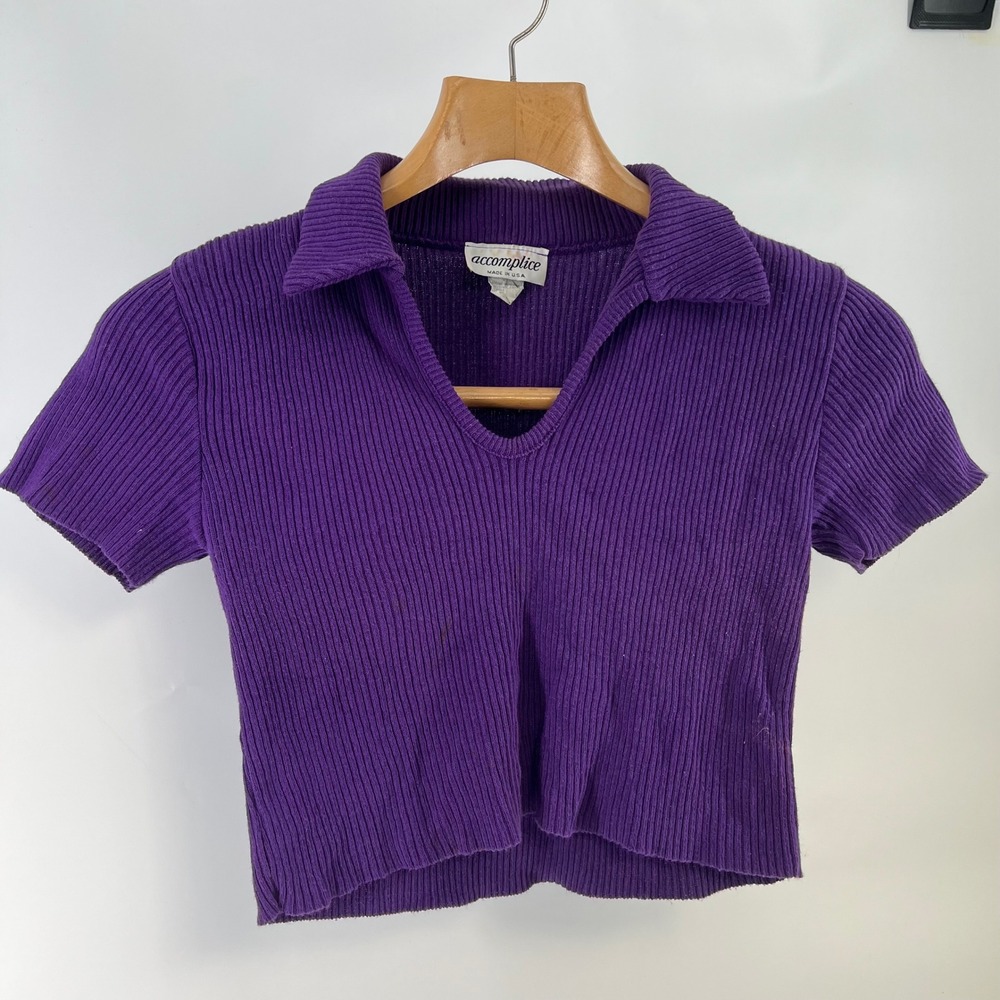 Vintage 90s Accomplice Purple Ribbed Baby Tee Crop Top Collared Made USA Womens